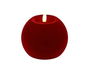 Bougie LED boule velours rouge flocké effet flamme réaliste timer Ø12cm