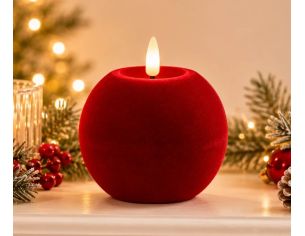 Bougie LED boule velours rouge flocké effet flamme réaliste timer Ø12cm