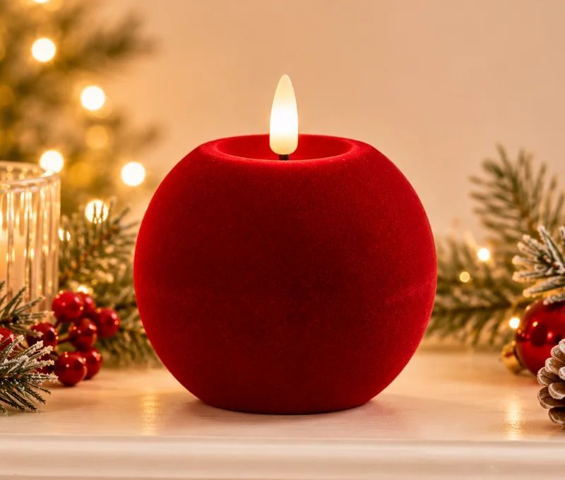 Bougie LED boule velours rouge flocké effet flamme réaliste timer Ø12cm