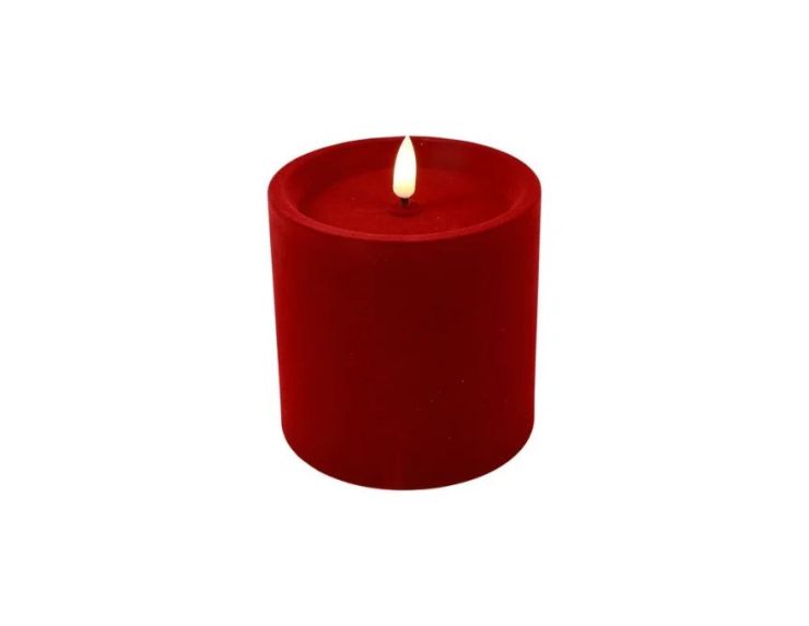 Bougie LED pilier velours floqué rouge effet flamme réaliste timer H10cm Ø10cm