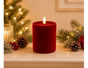Bougie LED pilier velours floqué rouge effet flamme réaliste timer H10cm Ø10cm