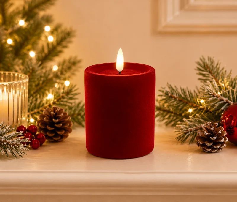 Bougie LED pilier velours floqué rouge effet flamme réaliste timer H10cm Ø10cm