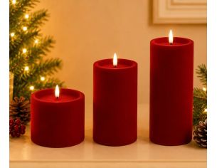 Bougie LED pilier velours floqué rouge effet flamme réaliste timer H10cm Ø10cm