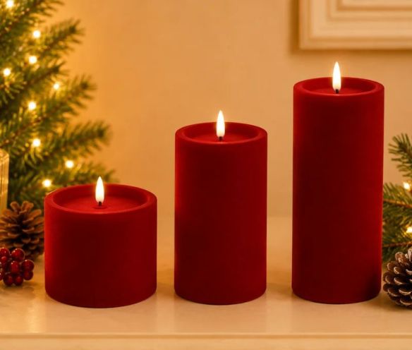 Bougie LED pilier velours floqué rouge effet flamme réaliste timer H10cm Ø10cm