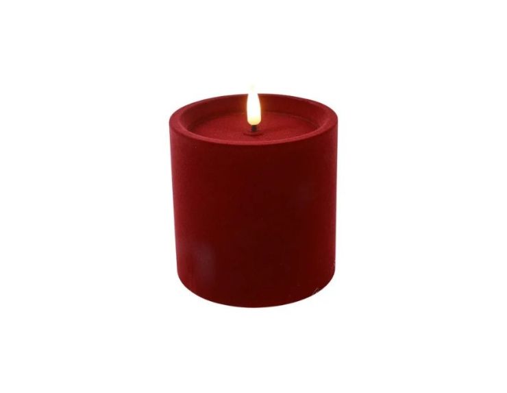 Bougie LED pilier velours floqué rouge foncé effet flamme réaliste timer H10cm