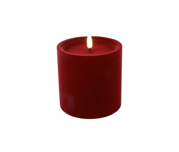Bougie LED pilier velours floqué rouge foncé effet flamme réaliste timer H10cm