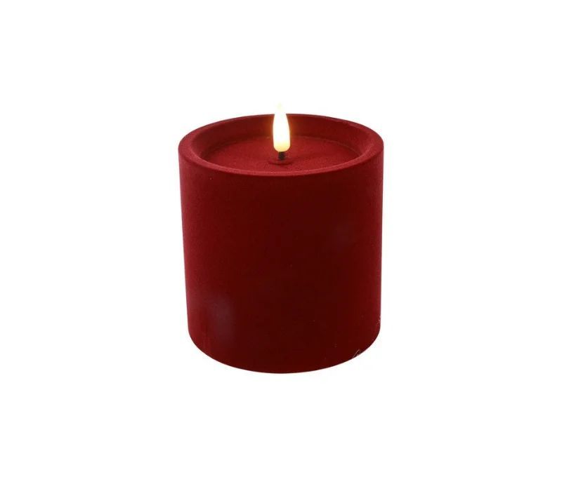 Bougie LED pilier velours floqué rouge foncé effet flamme réaliste timer H10cm