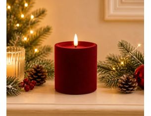 Bougie LED pilier velours floqué rouge foncé effet flamme réaliste timer H10cm
