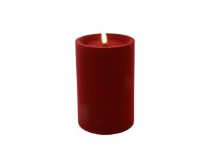 Bougie LED pilier velours floqué rouge foncé effet flamme réaliste timer H15cm