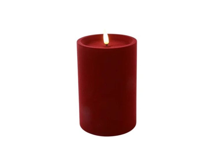 Bougie LED pilier velours floqué rouge foncé effet flamme réaliste timer H15cm