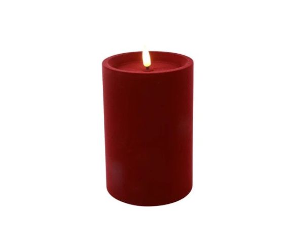 Bougie LED pilier velours floqué rouge foncé effet flamme réaliste timer H15cm