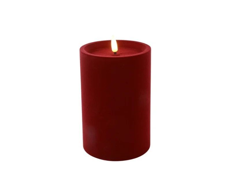 Bougie LED pilier velours floqué rouge foncé effet flamme réaliste timer H15cm