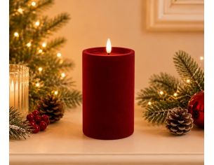 Bougie LED pilier velours floqué rouge foncé effet flamme réaliste timer H15cm