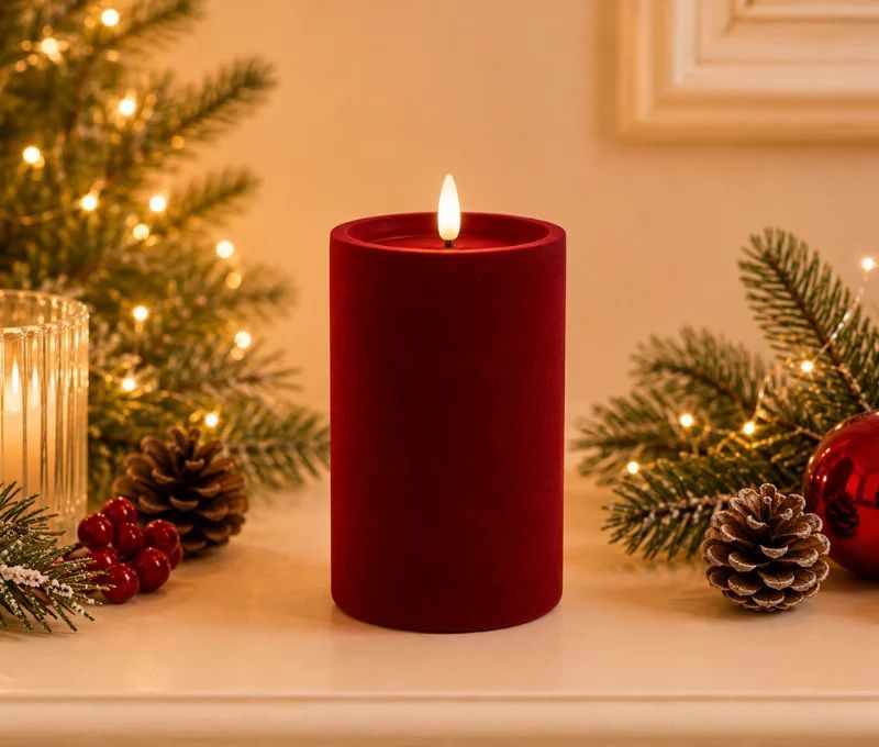 Bougie LED pilier velours floqué rouge foncé effet flamme réaliste timer H15cm