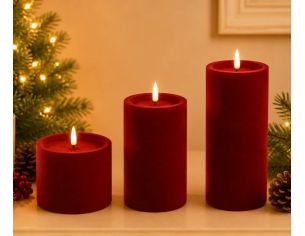 Bougie LED pilier velours floqué rouge foncé effet flamme réaliste timer H15cm