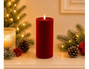 Grande bougie LED pilier velours floqué rouge foncé effet flamme réaliste timer H20cm