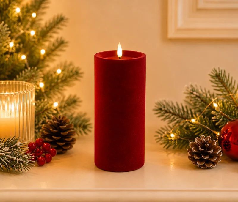 Grande bougie LED pilier velours floqué rouge foncé effet flamme réaliste timer H20cm