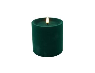 Bougie LED pilier velours floqué vert sapin effet flamme réaliste timer H10cm Ø10cm