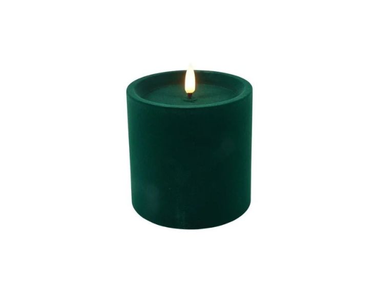 Bougie LED pilier velours floqué vert sapin effet flamme réaliste timer H10cm Ø10cm