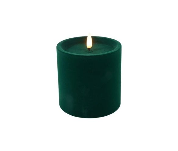 Bougie LED pilier velours floqué vert sapin effet flamme réaliste timer H10cm Ø10cm