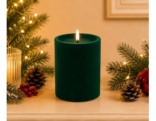 Bougie LED pilier velours floqué vert sapin effet flamme réaliste timer H10cm Ø10cm