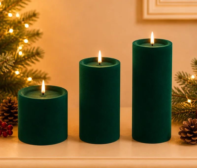 Bougie LED pilier velours floqué vert sapin effet flamme réaliste timer H10cm Ø10cm