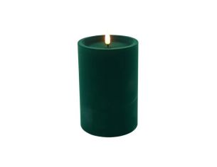 Bougie LED pilier velours floqué vert sapin effet flamme réaliste timer H15cm Ø10cm