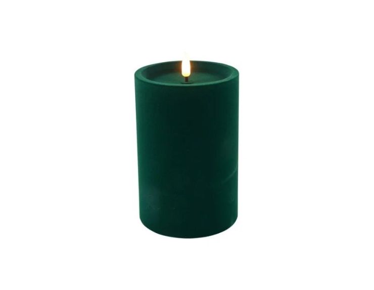 Bougie LED pilier velours floqué vert sapin effet flamme réaliste timer H15cm Ø10cm