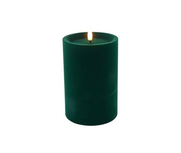 Bougie LED pilier velours floqué vert sapin effet flamme réaliste timer H15cm Ø10cm
