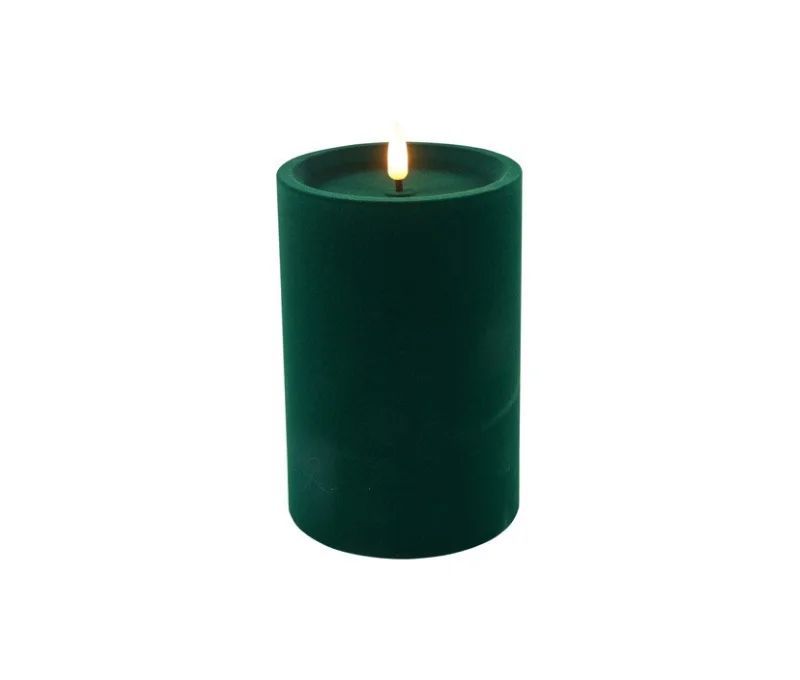 Bougie LED pilier velours floqué vert sapin effet flamme réaliste timer H15cm Ø10cm