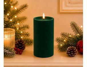 Bougie LED pilier velours floqué vert sapin effet flamme réaliste timer H15cm Ø10cm