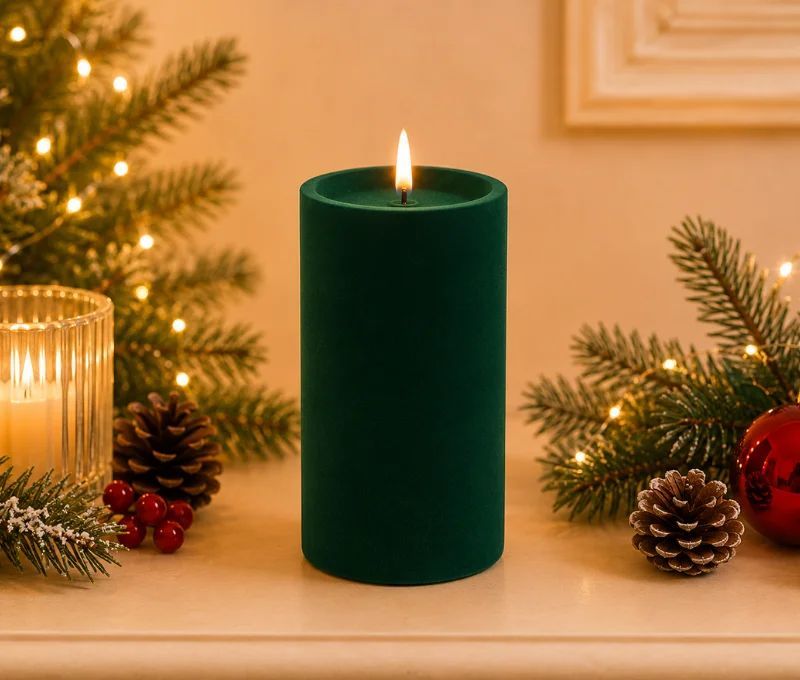 Bougie LED pilier velours floqué vert sapin effet flamme réaliste timer H15cm Ø10cm