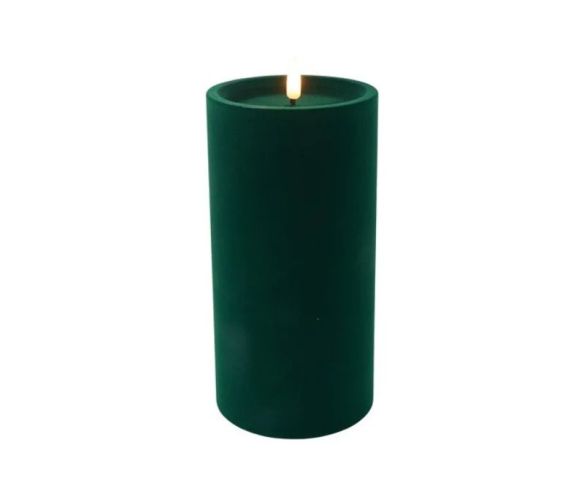 Grande bougie LED pilier velours floqué vert sapin effet flamme réaliste timer H20cm Ø10cm