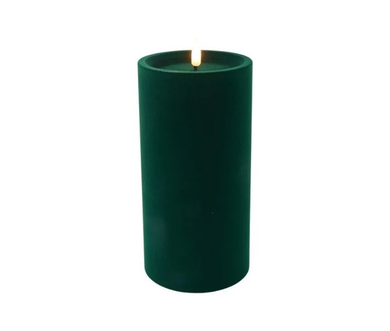 Grande bougie LED pilier velours floqué vert sapin effet flamme réaliste timer H20cm Ø10cm