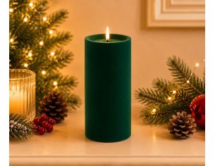 Grande bougie LED pilier velours floqué vert sapin effet flamme réaliste timer H20cm Ø10cm