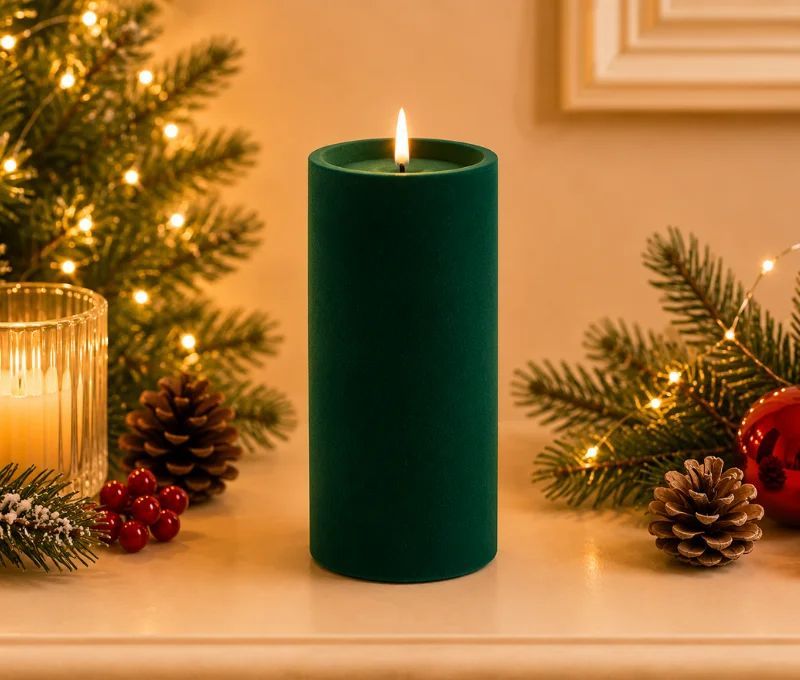 Grande bougie LED pilier velours floqué vert sapin effet flamme réaliste timer H20cm Ø10cm