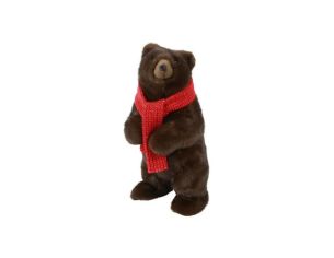 Ours peluche brun foncé debout écharpe rouge tricot réaliste H42cm décoration Noël