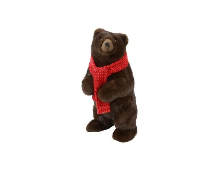 Ours peluche brun foncé debout écharpe rouge tricot réaliste H42cm décoration Noël