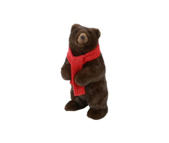 Ours peluche brun foncé debout écharpe rouge tricot réaliste H42cm décoration Noël