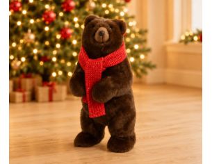 Ours peluche brun foncé debout écharpe rouge tricot réaliste H42cm décoration Noël