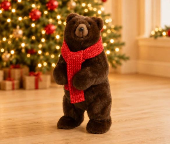Ours peluche brun foncé debout écharpe rouge tricot réaliste H42cm décoration Noël