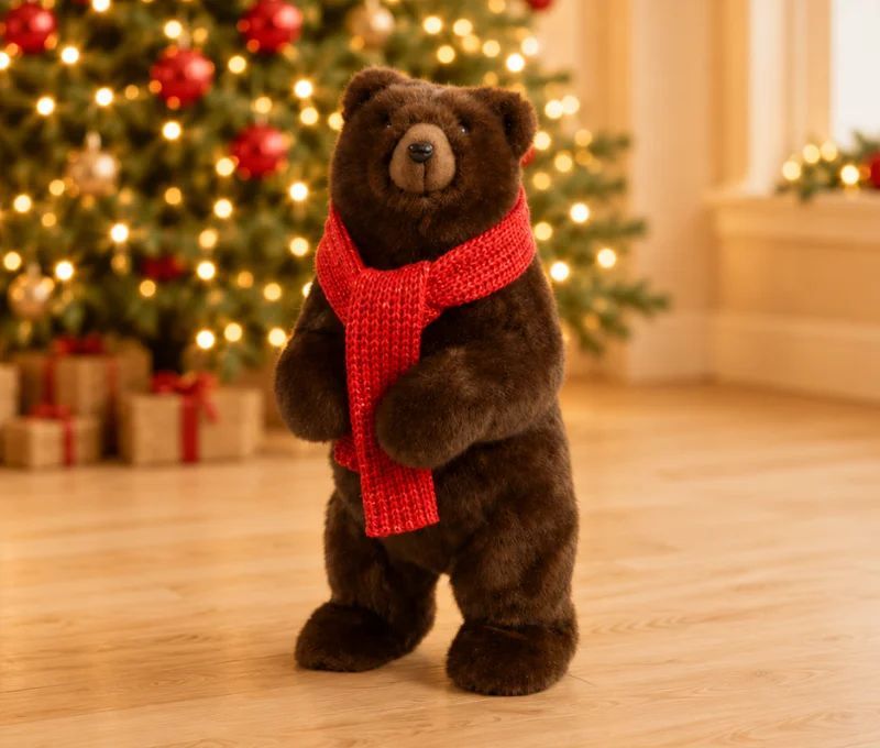 Ours peluche brun foncé debout écharpe rouge tricot réaliste H42cm décoration Noël