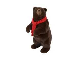 Grand ours peluche brun foncé debout écharpe rouge tricot réaliste H65cm décoration Noël
