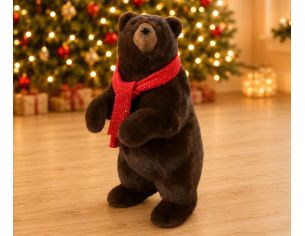 Grand ours peluche brun foncé debout écharpe rouge tricot réaliste H65cm décoration Noël