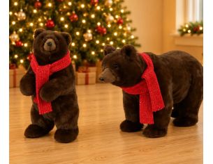 Grand ours peluche brun foncé debout écharpe rouge tricot réaliste H65cm décoration Noël