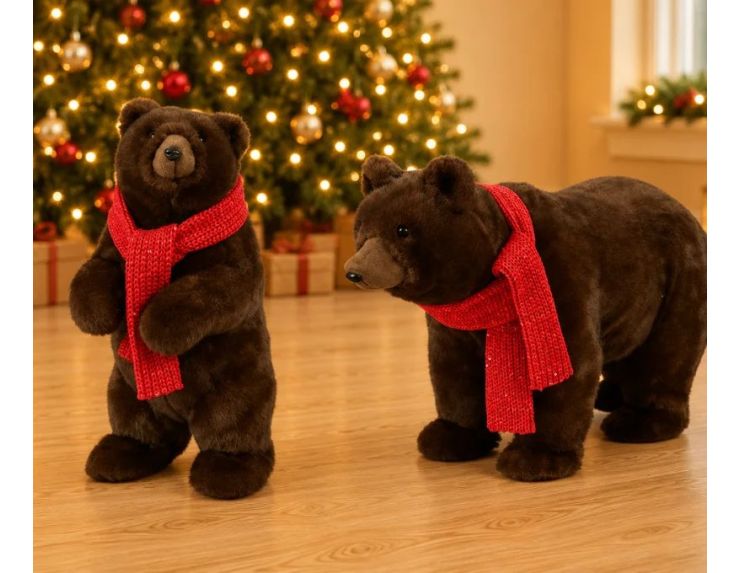 Grand ours peluche brun foncé debout écharpe rouge tricot réaliste H65cm décoration Noël