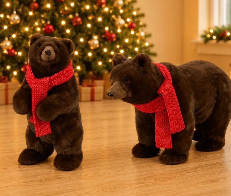 Grand ours peluche brun foncé debout écharpe rouge tricot réaliste H65cm décoration Noël