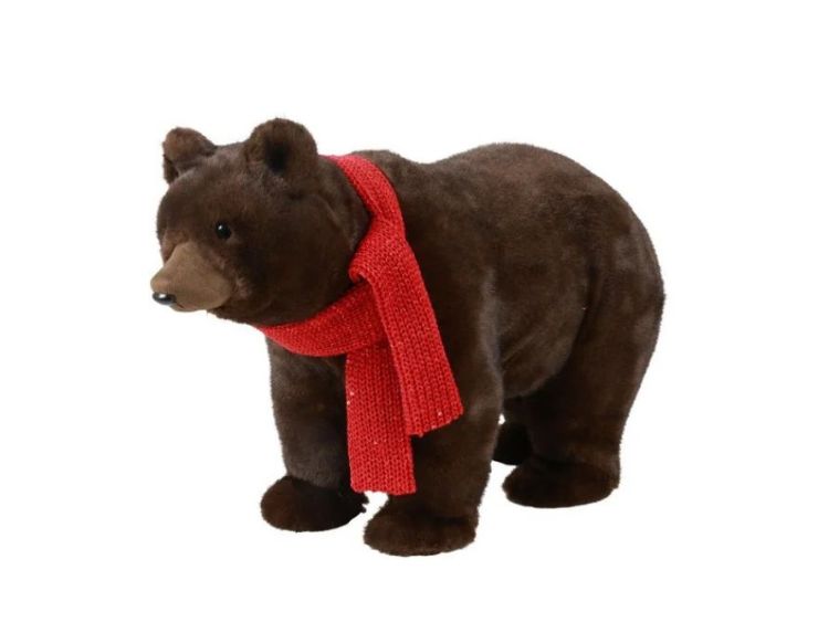 Ours peluche brun foncé à 4 pattes écharpe rouge tricot réaliste L58cm décoration Noël