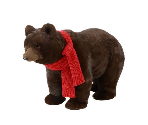 Ours peluche brun foncé à 4 pattes écharpe rouge tricot réaliste L58cm décoration Noël