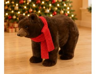 Ours peluche brun foncé à 4 pattes écharpe rouge tricot réaliste L58cm décoration Noël